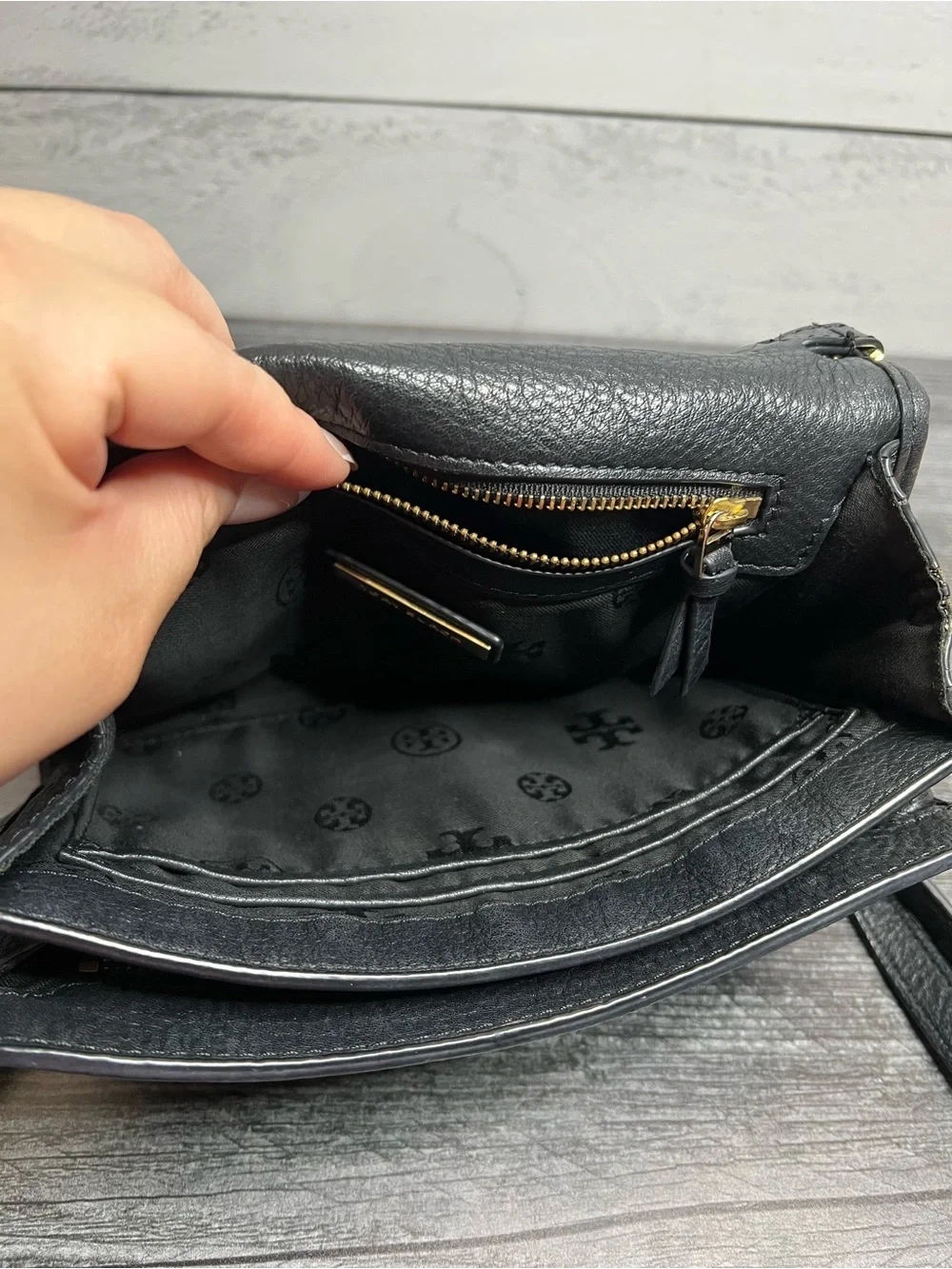 Tory Burch Black Pebbled Leather Crossbody Bag with Gold Hardware